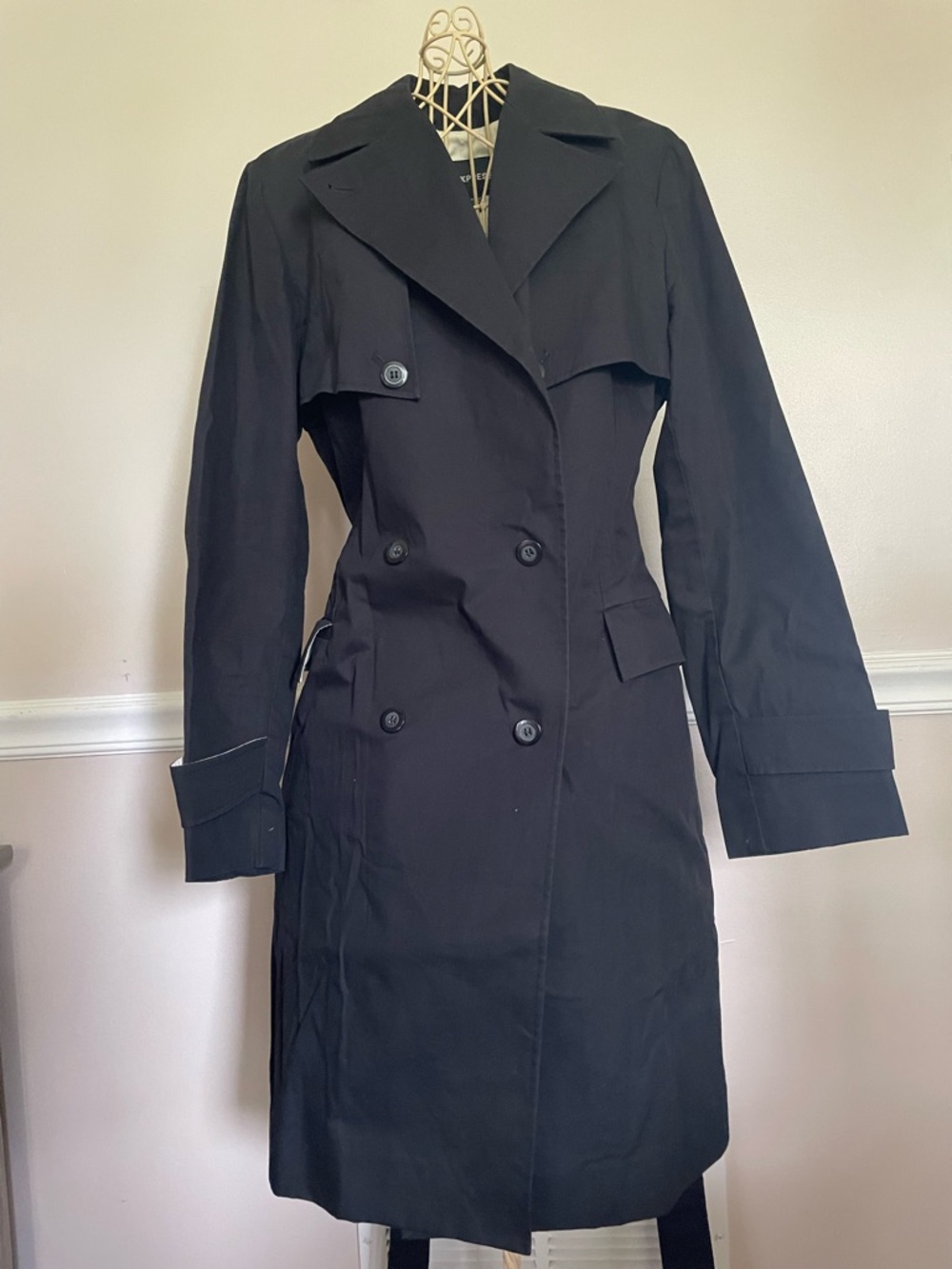 Vintage Express Classic Black Double-Breasted Trench Coat size 3/4